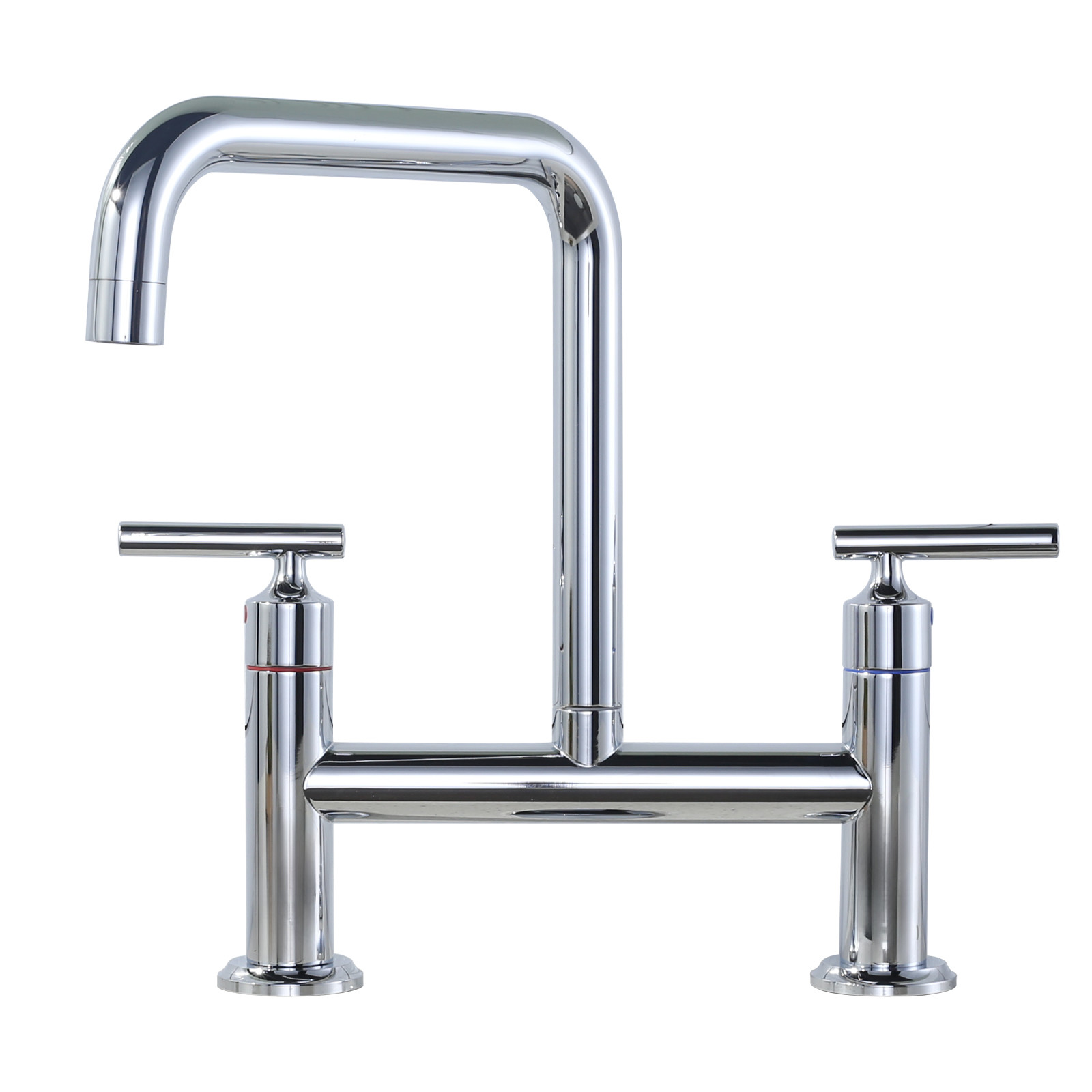 Modern Double Handle High Arc Solid Brass Bridge Kitchen Faucet in Polished Chrome
