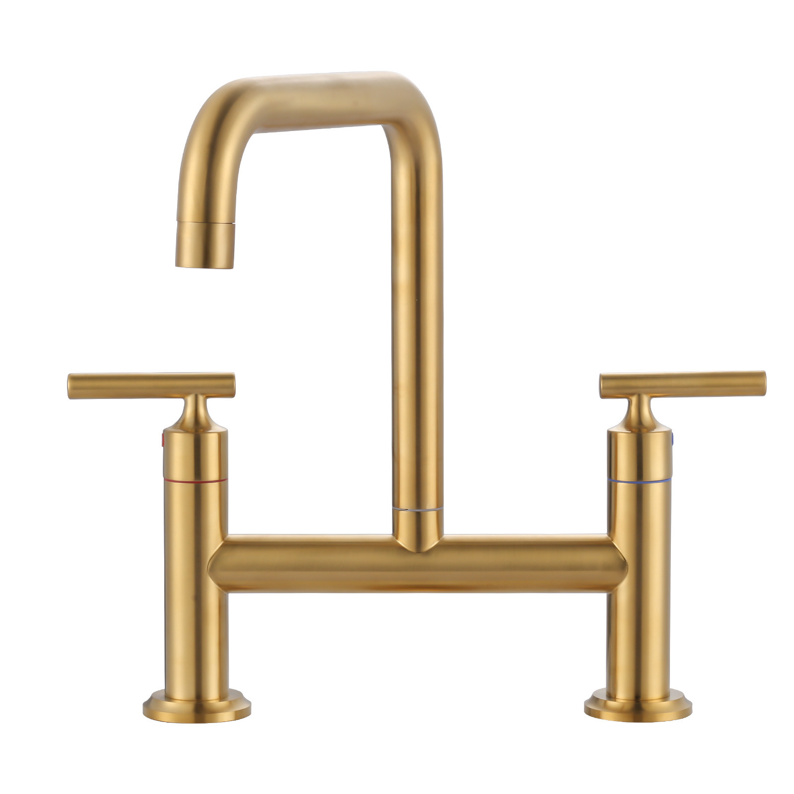 Modern Double Handle High Arc Solid Brass Bridge Kitchen Faucet in Brushed Gold