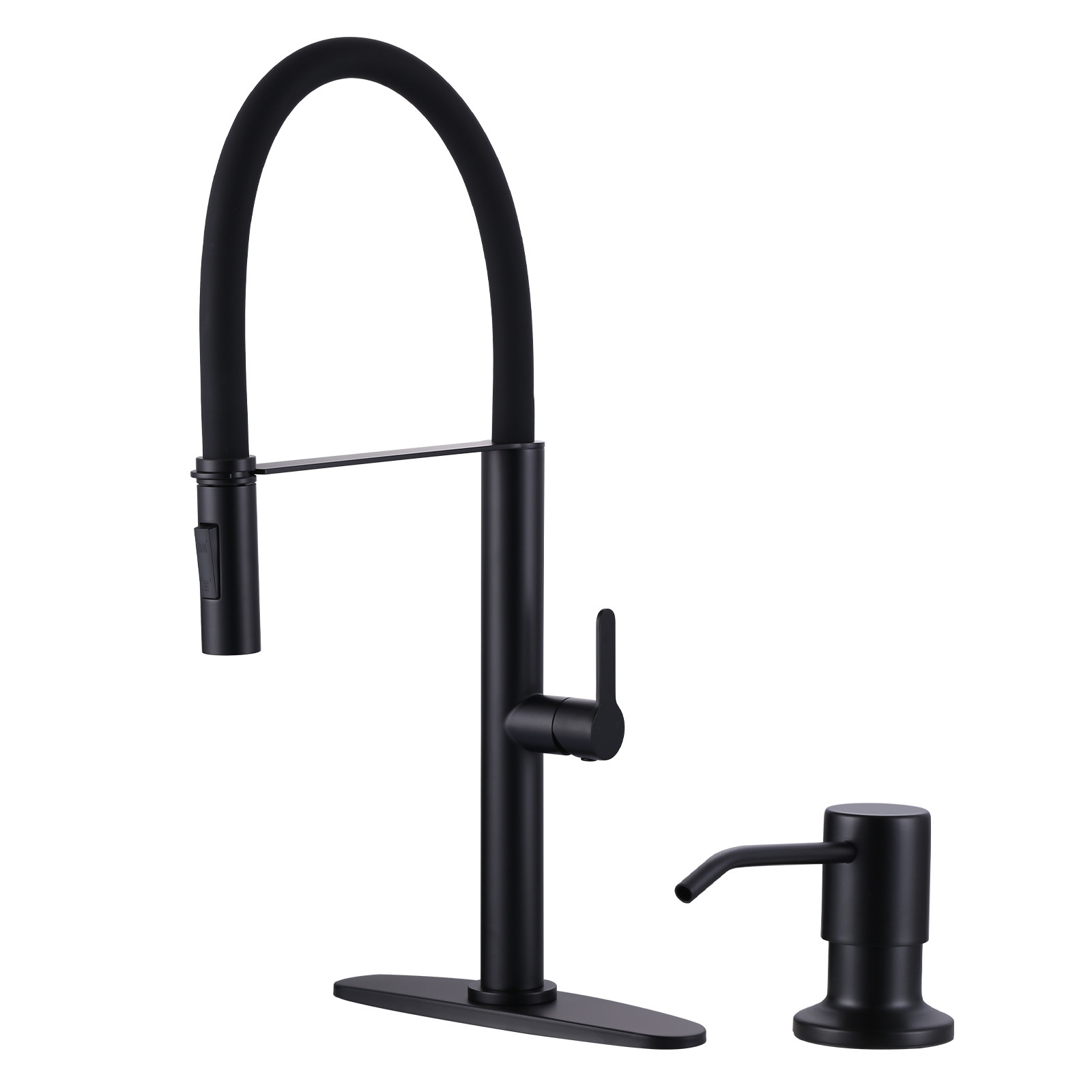 21.2 in. Single Handle Pull Down Sprayer Kitchen Faucet with Soap Dispenser and 360 Degree Spout Swivel in Matte Black
