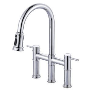 Chrome Double Handles Pull Down Sprayer Kitchen Faucet with Pull Out Spray in Brass