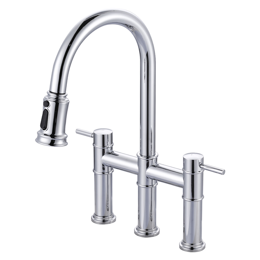 Chrome Double Handles Pull Down Sprayer Kitchen Faucet with Pull Out Spray in Brass