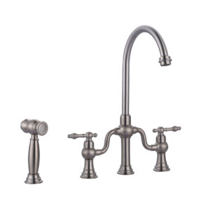 Brushed Nickel Double Handle High-Arc Widespread Deck Mounted Kitchen Faucet With Side Spray in Brass