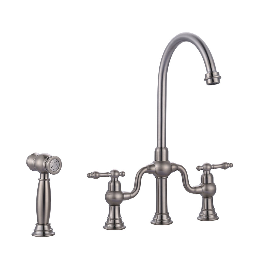 Brushed Nickel Double Handle High-Arc Widespread Deck Mounted Kitchen Faucet With Side Spray in Brass
