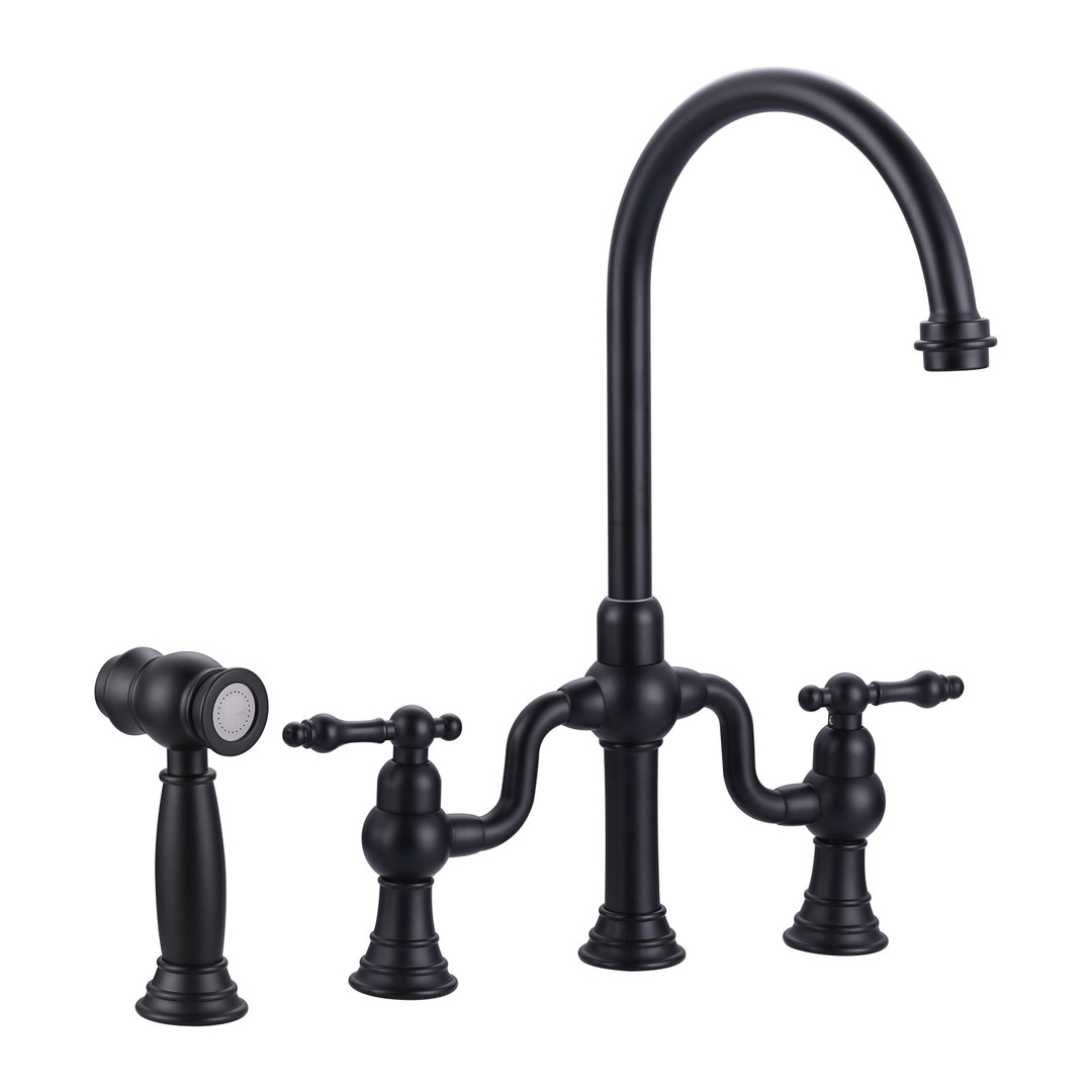 Matte Black Double Handle High-Arc Widespread Deck Mounted Kitchen Faucet With Side Spray in Brass