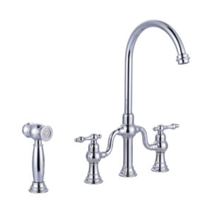 Double-Handle High-Arc Deck Mounted Bridge Kitchen Faucet in Chrome