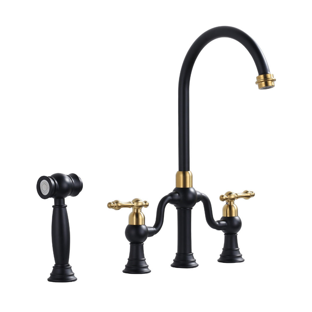 Double-Handle High-Arc Deck Mounted Bridge Kitchen Faucet in Black and Gold