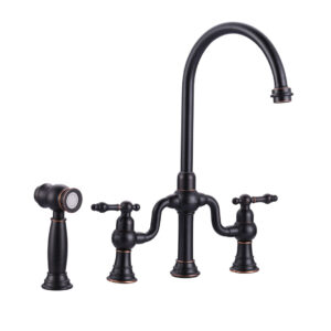 Oil Rubbed Bronze Double Handle High-Arc Widespread Deck Mounted Kitchen Faucet With Side Spray in Brass