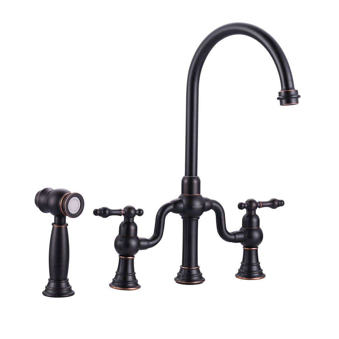 Oil Rubbed Bronze Double Handle High-Arc Widespread Deck Mounted Kitchen Faucet With Side Spray in Brass