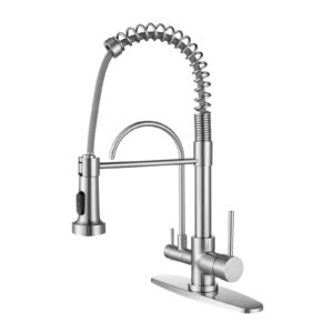 Double Handles Solid Brass Pull Down Sprayer Kitchen Faucet with Drinking Water Filter in Brushed Nickel
