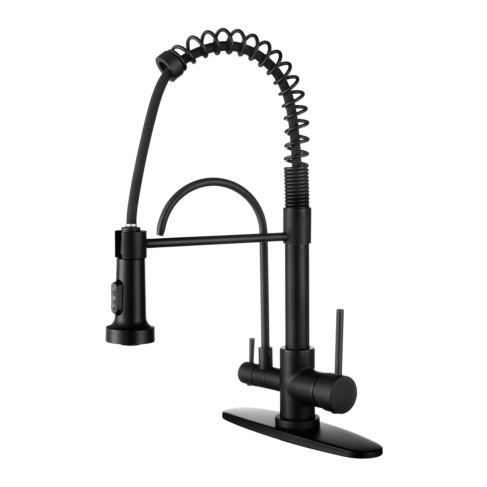 Double Handles Solid Brass Pull Down Sprayer Kitchen Faucet with Drinking Water Filter in Matte Black
