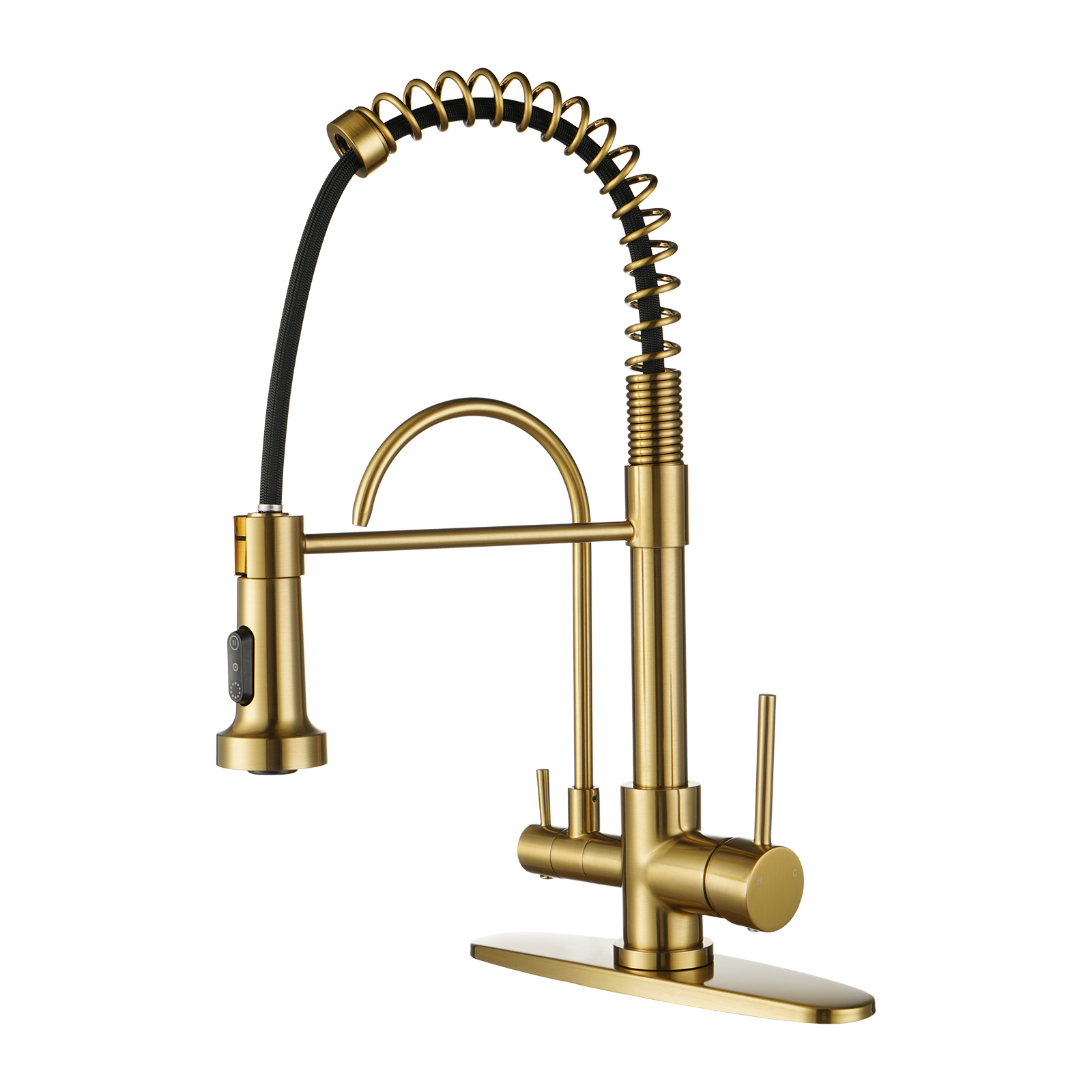 Double Handles Solid Brass Pull Down Sprayer Kitchen Faucet with Drinking Water Filter in Brushed Gold