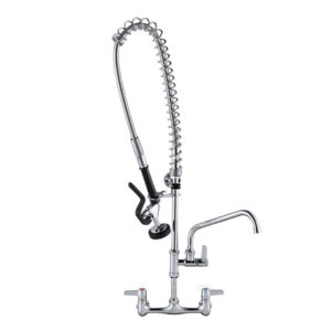 Commercial Triple Handle Wall Mount 36 in. Pull Down Sprayer Kitchen Faucet with Pre-Rinse Sprayer Solid Brass in Chrome