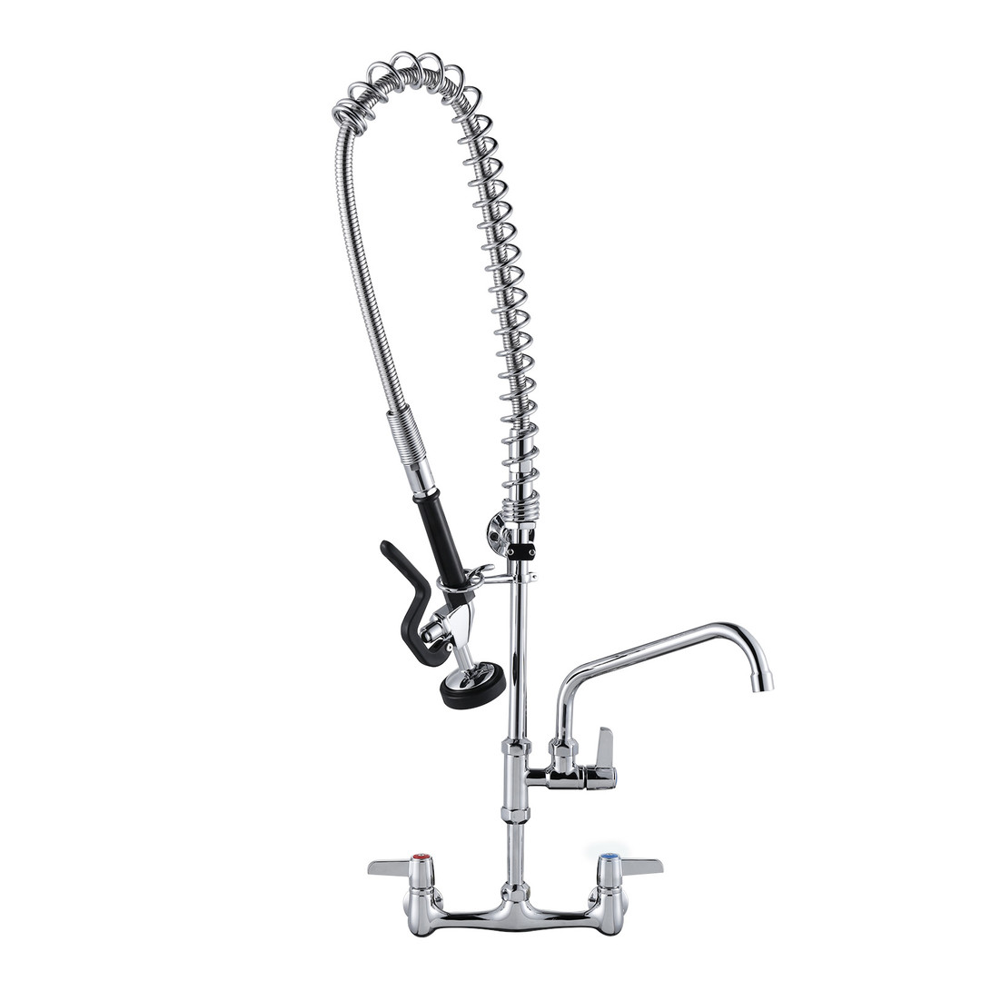 Commercial Triple Handle Wall Mount 36 in. Pull Down Sprayer Kitchen Faucet with Pre-Rinse Sprayer Solid Brass in Chrome