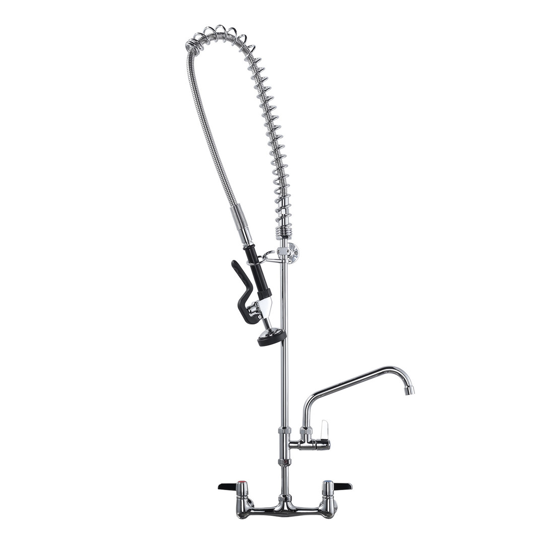 Commercial Triple Handle Wall Mount 43 in. Pull Down Sprayer Kitchen Faucet with Pre-Rinse Sprayer Solid Brass in Chrome