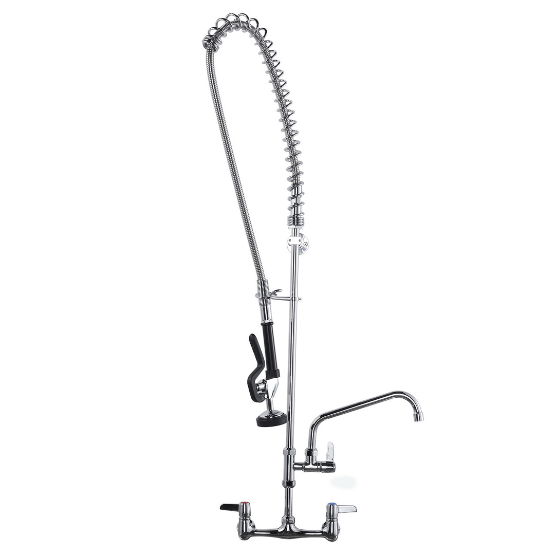 Commercial Triple Handle Wall Mount 47 in. Pull Down Sprayer Kitchen Faucet with Pre-Rinse Sprayer Solid Brass in Chrome