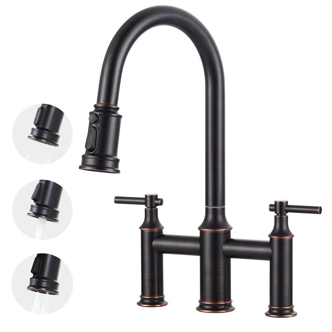17.4 in. Double Handle Pull Out Sprayer Kitchen 3 Hole with 360 Spout Swivel in Oil Rubbed Bronze