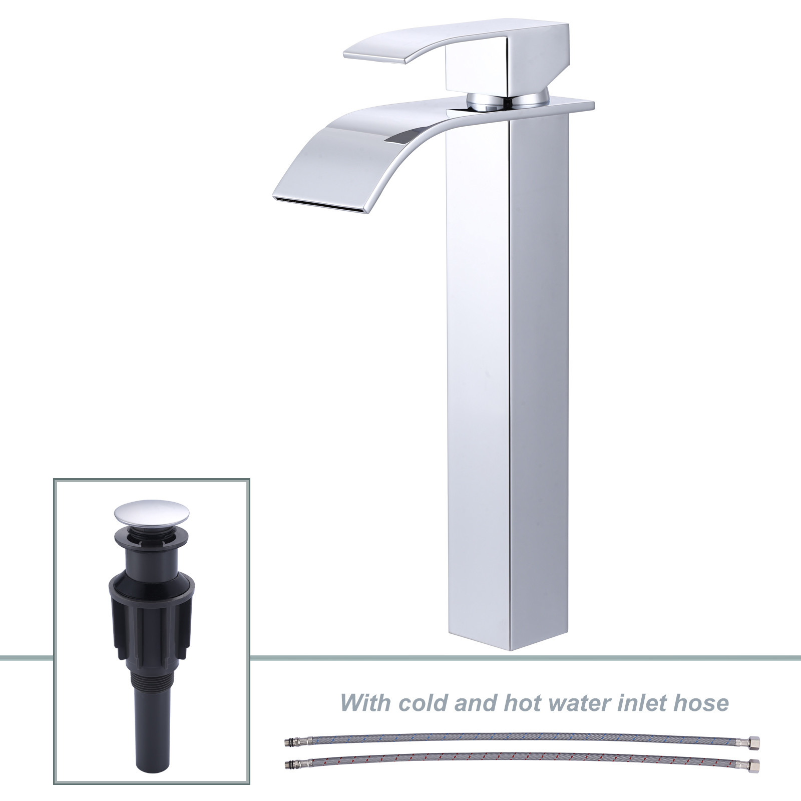 Waterfall Single Handle Single Hole Bathroom Faucet without Deckplate Included Pop Drain in Chrome