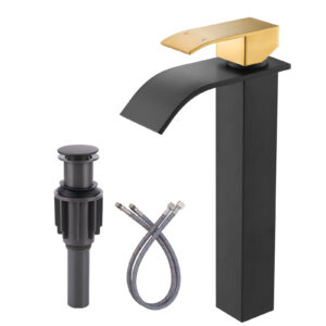 Waterfall Single Handle Single Hole Bathroom Faucet without Deckplate Included Pop Drain in Black and Gold