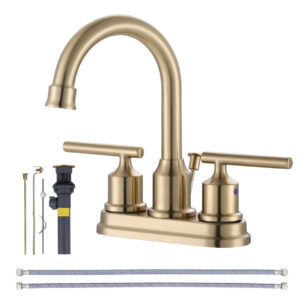 4 in. Centerset Double-Handle High Arc Bathroom Faucet with Drain Kit Included in Gold