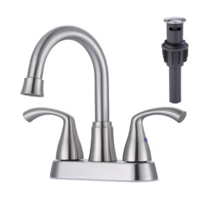 4 Centerset Double Handle High Arc Bathroom Faucet with Drain in Brushed Nickel