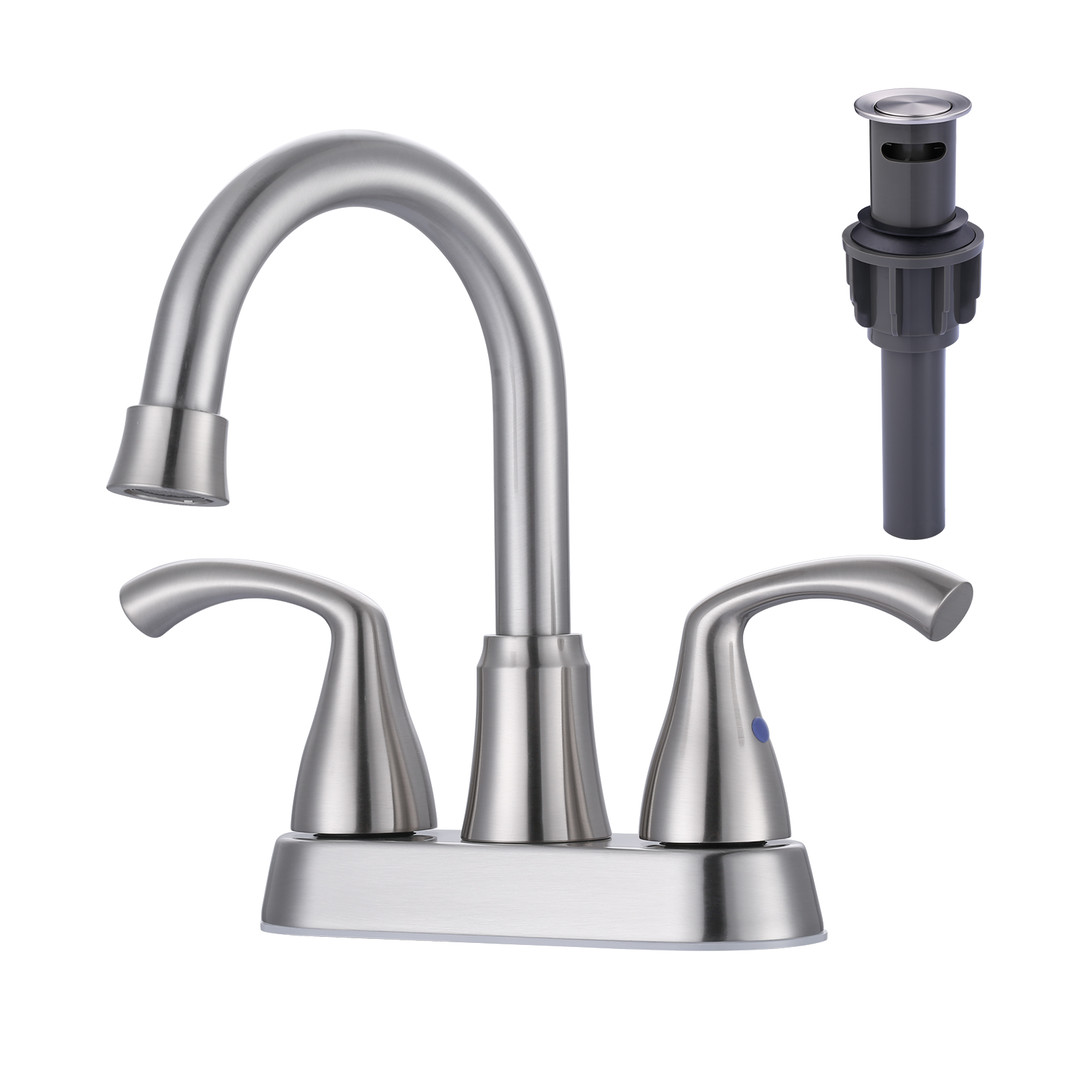 4 Centerset Double Handle High Arc Bathroom Faucet with Drain in Brushed Nickel