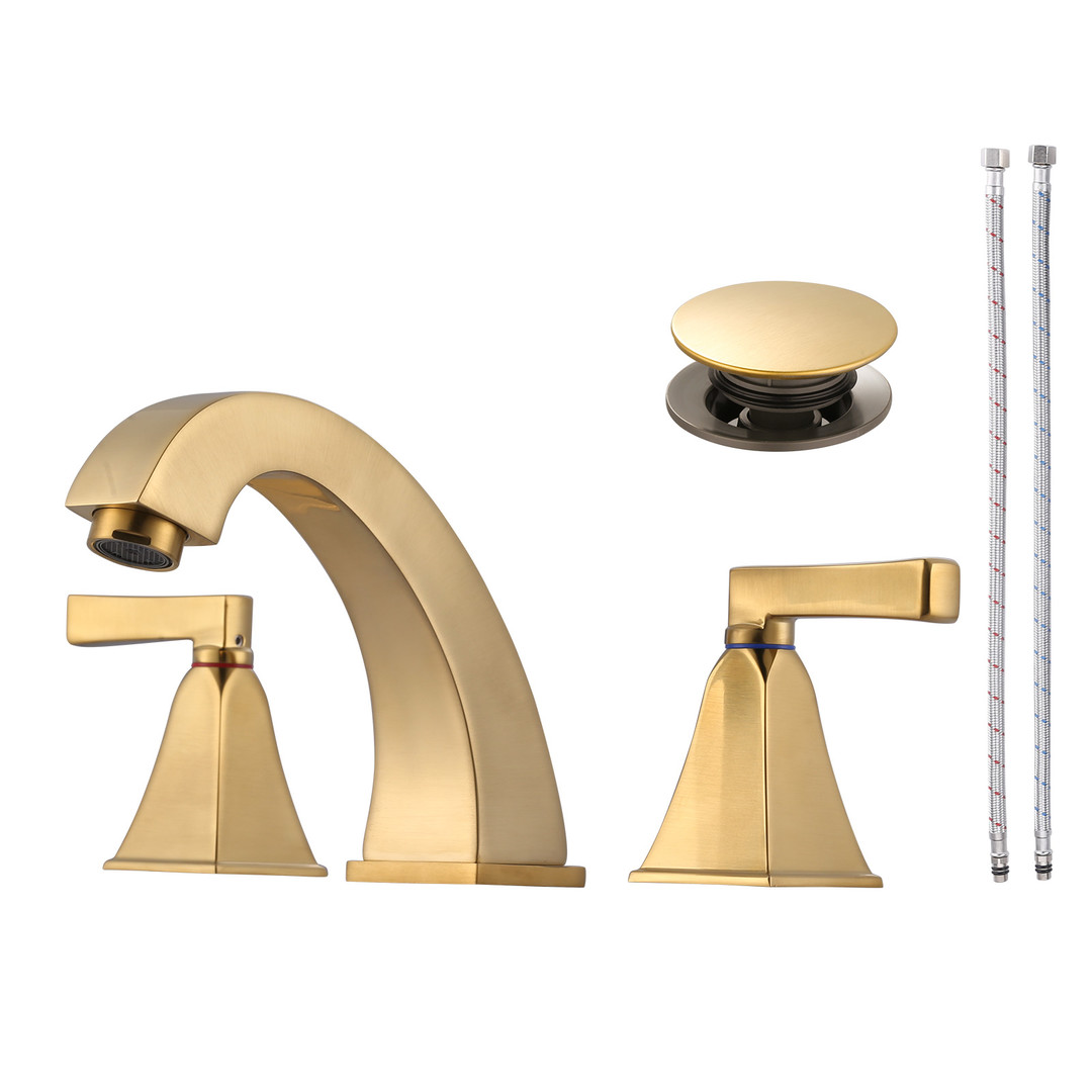 8 in. Widespread Deck Mounted Double-Handle Bathroom Faucet with Pop-up Drain Assembly in Brushed Gold