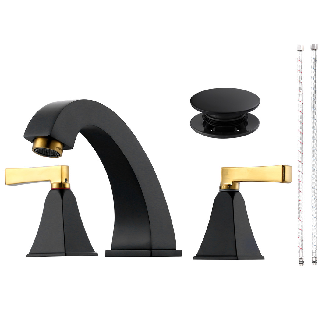 8 in. Widespread Deck Mounted Double-Handle Bathroom Sink Faucet with Pop-up Drain Assembly in Gold and Black