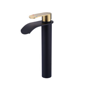 Waterfall Single Handle Single Hole Bathroom Faucet with Pop Up Drain Included Supply Lines in Black Gold