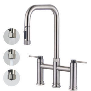 Double Handle Deck Mounted Bridge Kitchen Faucet with Pull-Down 3-Sprays Head in Brushed Nickel