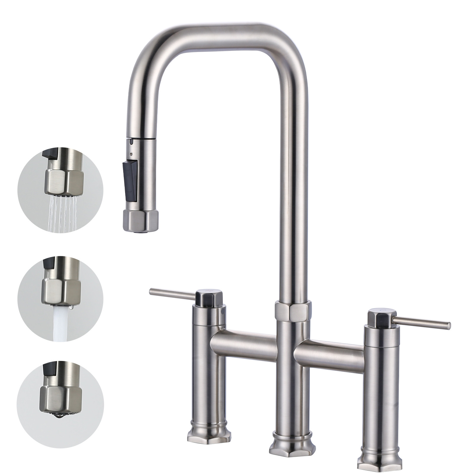 Double Handle Deck Mounted Bridge Kitchen Faucet with Pull-Down 3-Sprays Head in Brushed Nickel