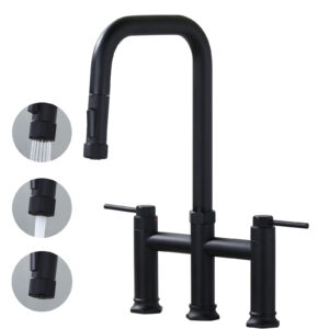 Brass Double Handle Deck Mounted Bridge Kitchen Faucet with Pull-Down Spray Head in Matte Black