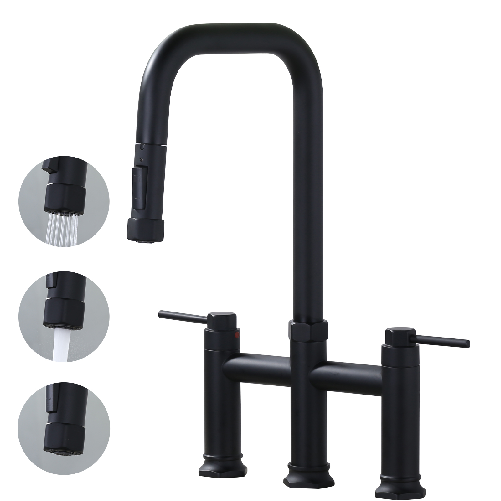 Brass Double Handle Deck Mounted Bridge Kitchen Faucet with Pull-Down Spray Head in Matte Black