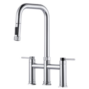 Brass Double Handle Deck Mounted Bridge Kitchen Faucet with Pull-Down Spray Head in Polished Chrome