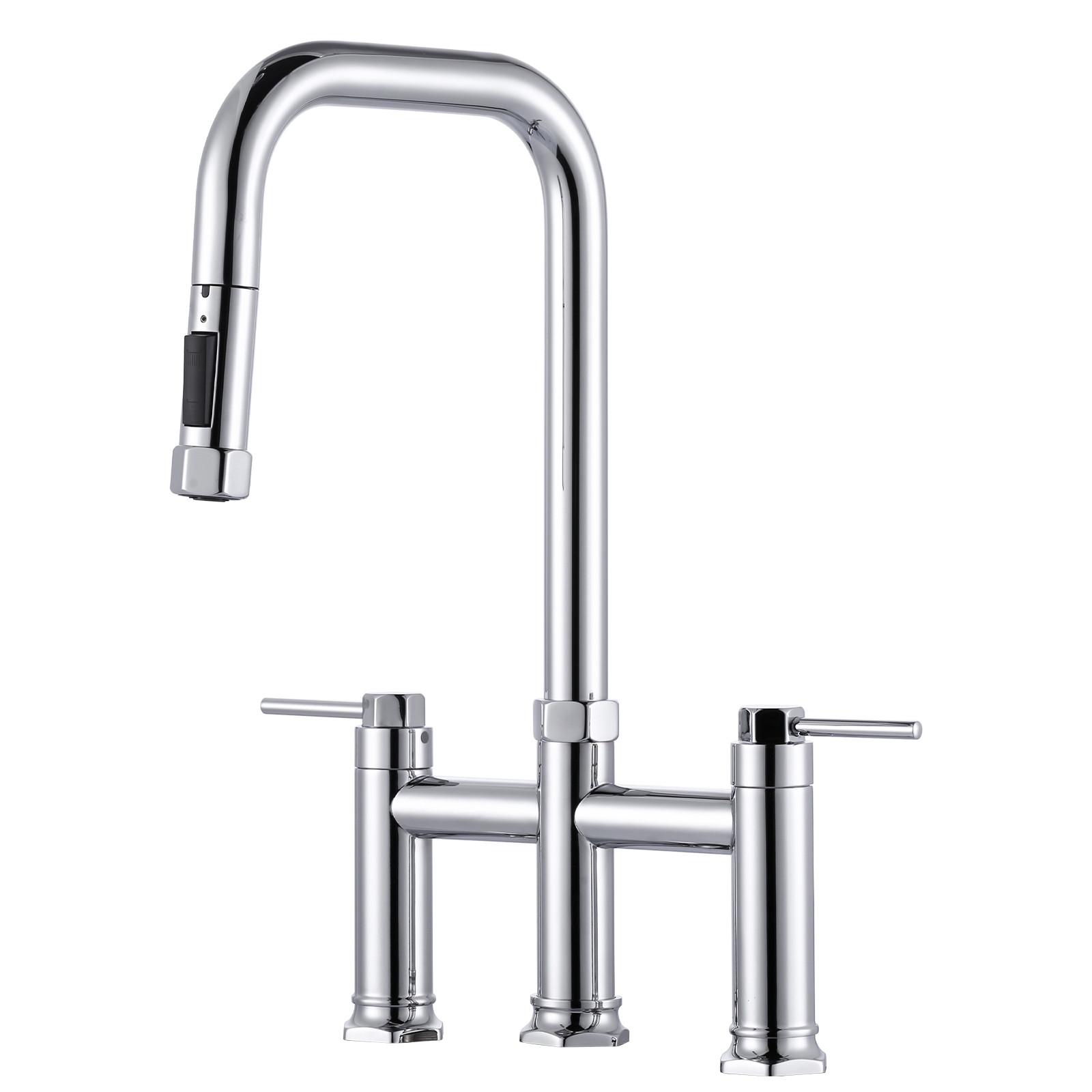 Brass Double Handle Deck Mounted Bridge Kitchen Faucet with Pull-Down Spray Head in Polished Chrome