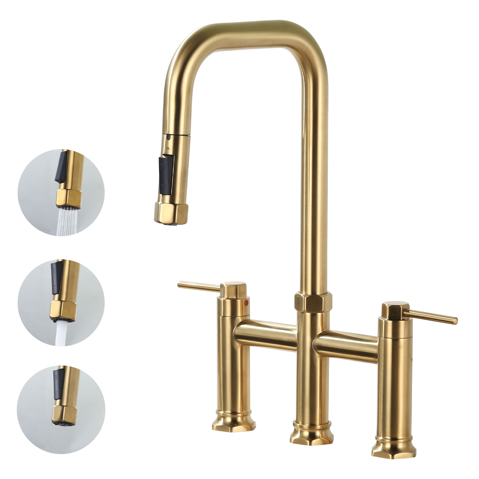 Brass Double Handle Deck Mounted Bridge Kitchen Faucet with Pull-Down Spray Head in Brushed Gold