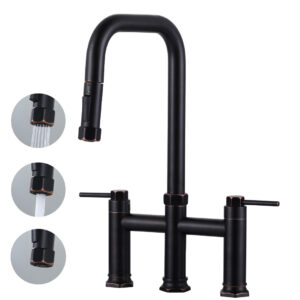 Brass Double Handle Deck Mounted Bridge Kitchen Faucet with Pull-Down Spray Head in Oil Rubbed Bronze