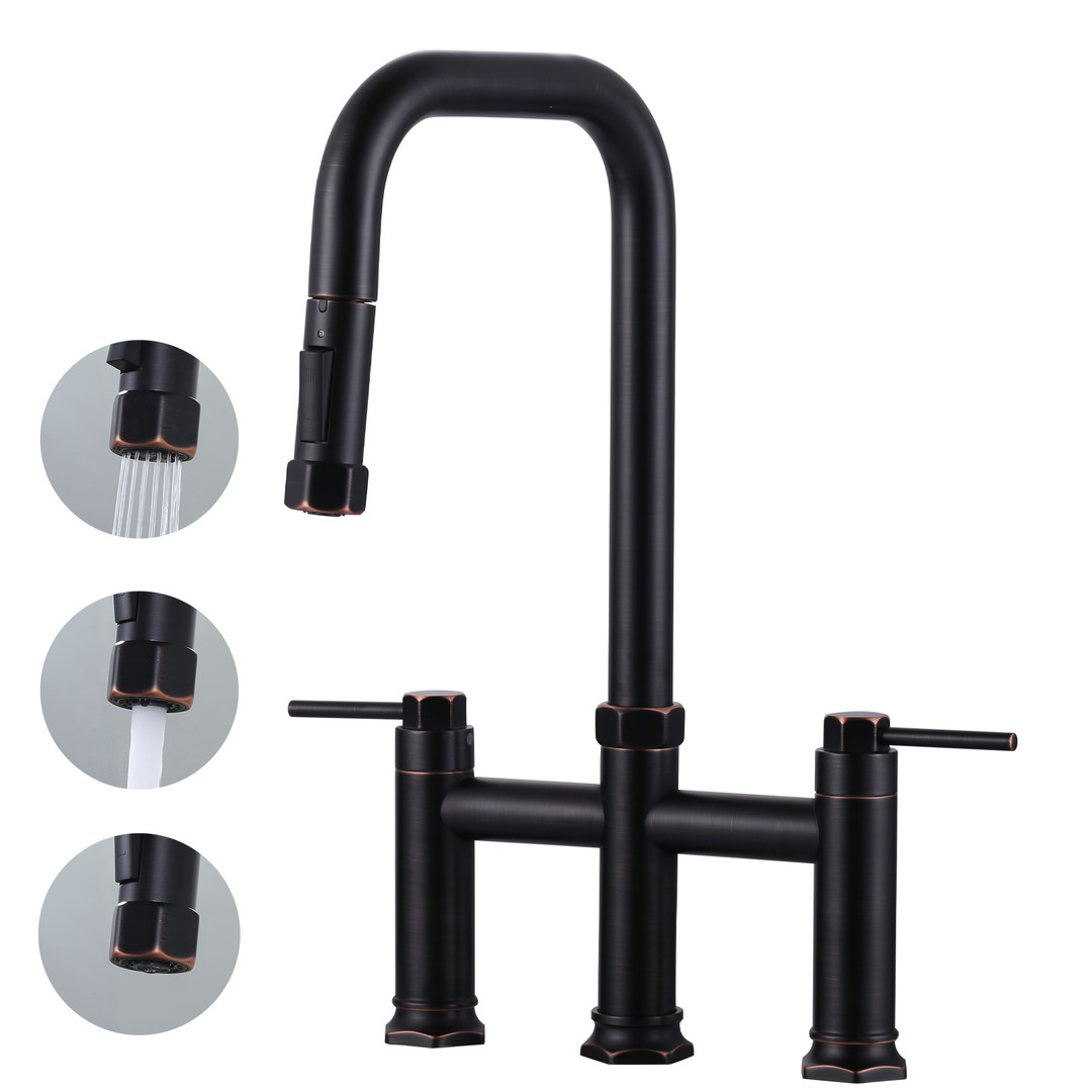 Brass Double Handle Deck Mounted Bridge Kitchen Faucet with Pull-Down Spray Head in Oil Rubbed Bronze