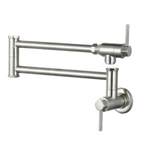 Wall Mount Pot Filler Kitchen Folding Faucet Double-Handle with Dual Joint Swing Arm in Brushed Nickel