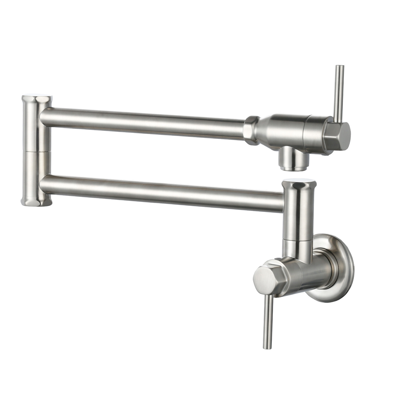 Wall Mount Pot Filler Kitchen Folding Faucet Double-Handle with Dual Joint Swing Arm in Brushed Nickel