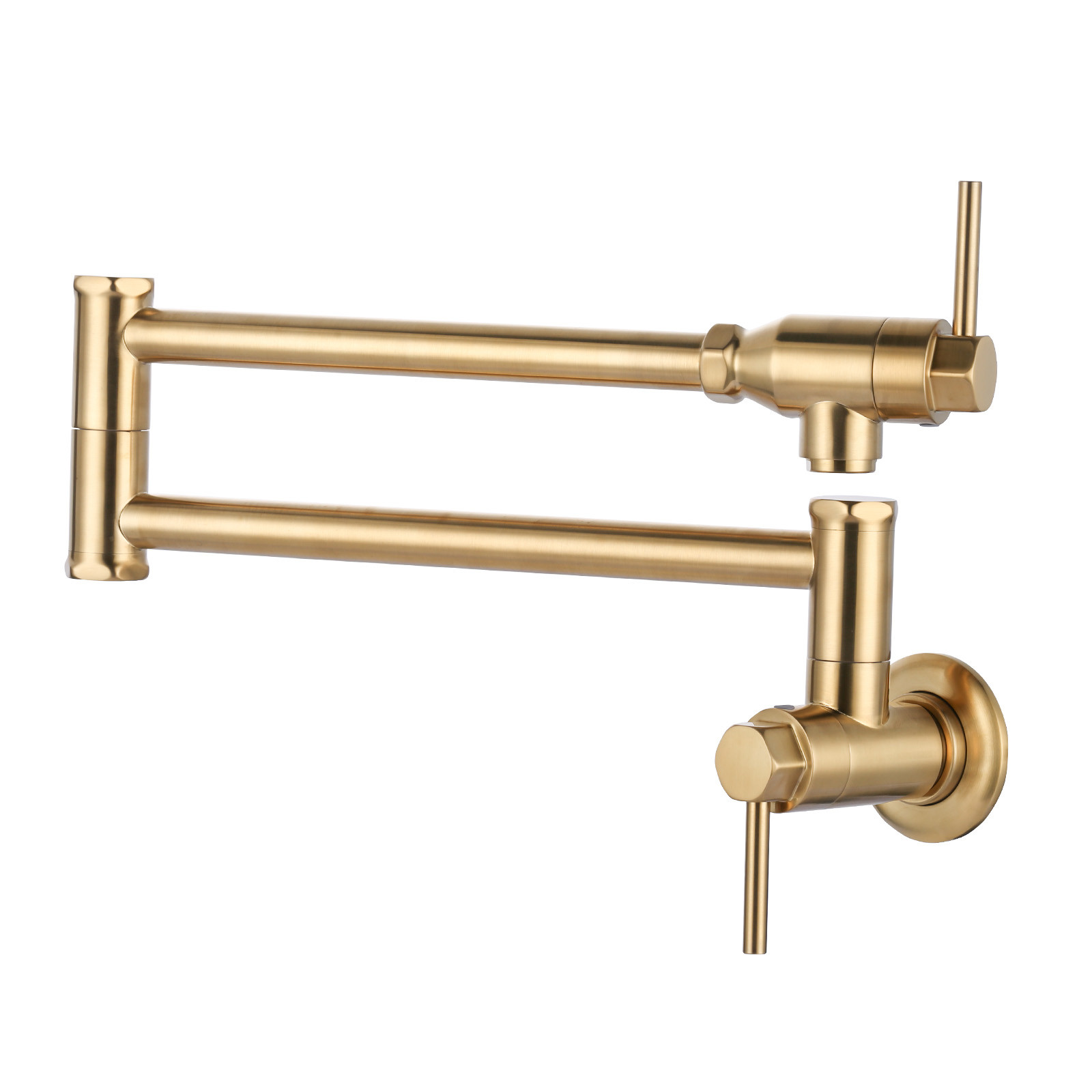 Wall Mount Pot Filler Kitchen Folding Faucet Double-Handle with Dual Joint Swing Arm in Gold