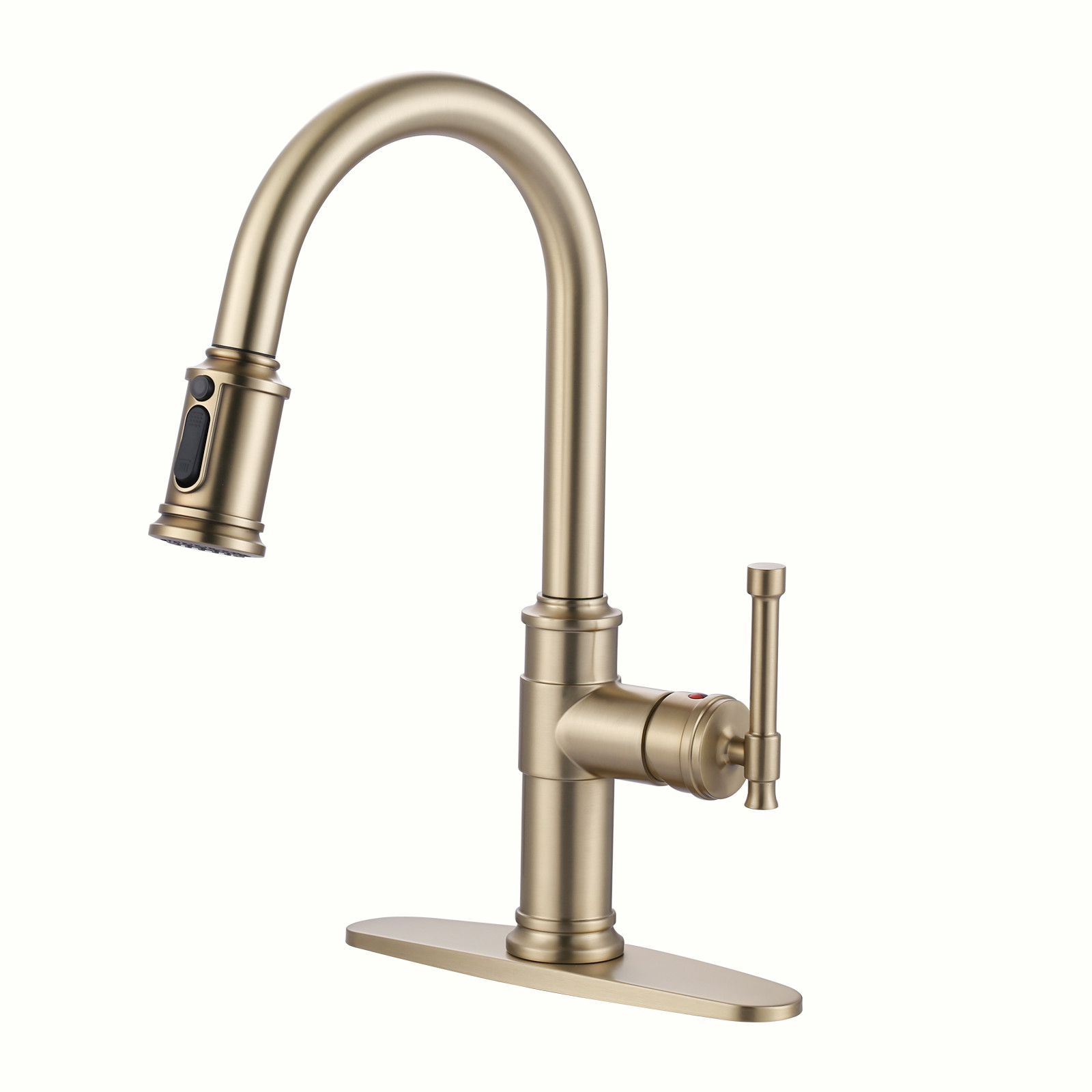 Brushed Gold Single Handle Pull-Down Sprayer Kitchen Faucet with 3-Mode Sprayer and Deckplate in Stainless Steel