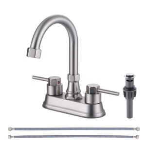 4 in. Centerset Double Handle High Arc Bathroom Faucet with Drain Kit Included in Brushed Nickel