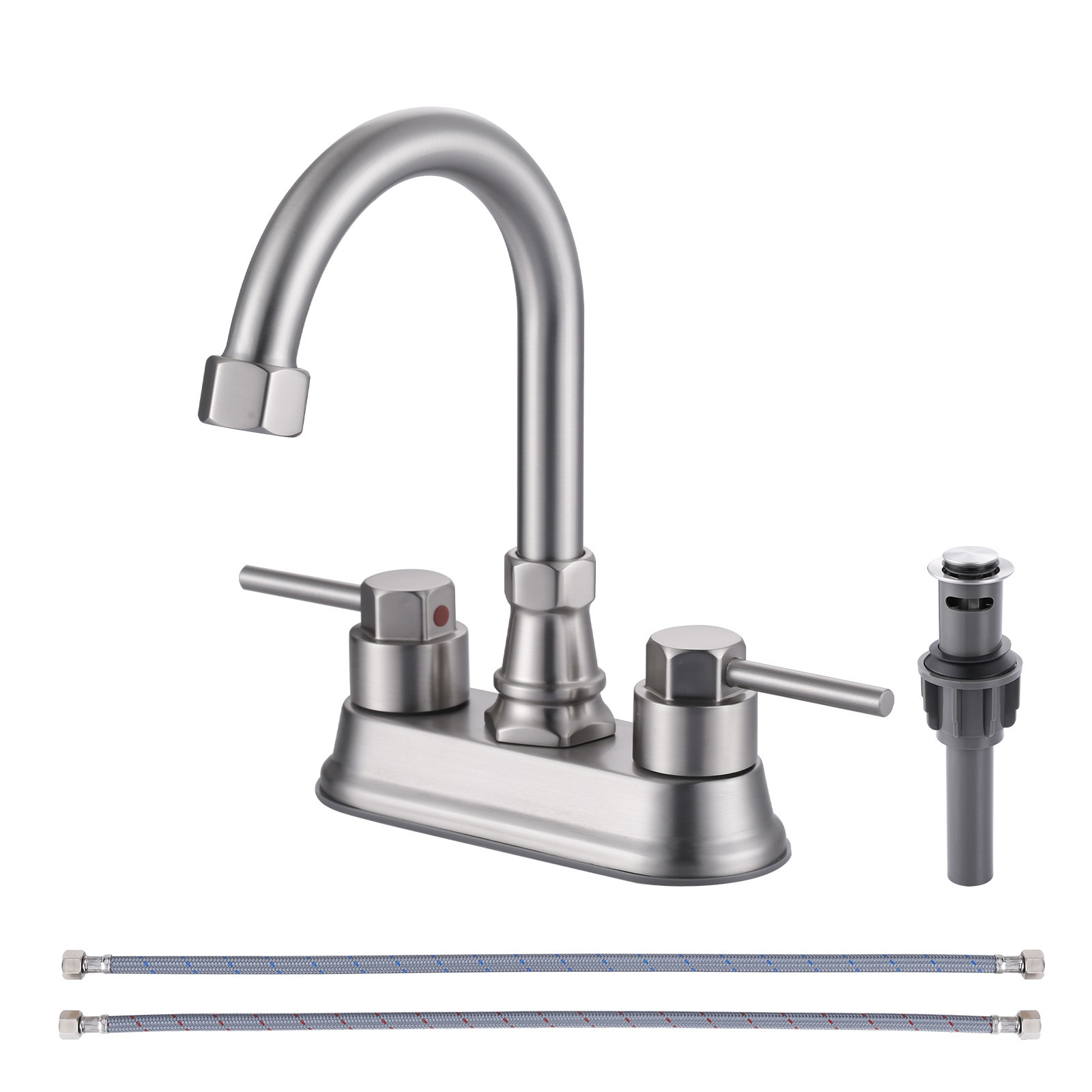 4 in. Centerset Double Handle High Arc Bathroom Faucet with Drain Kit Included in Brushed Nickel
