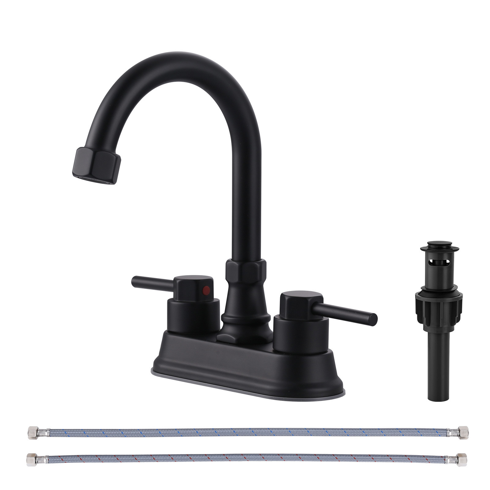 4 in. Centerset Double Handle High Arc Bathroom Faucet with Drain Kit Included in Matte Black