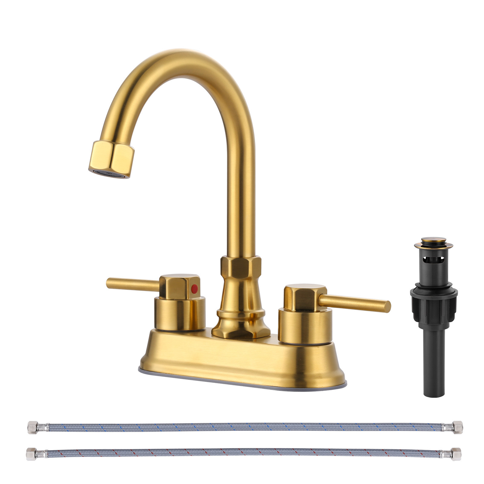 4 in. Centerset Double Handle High Arc Bathroom Faucet with Drain Kit Included in Gold