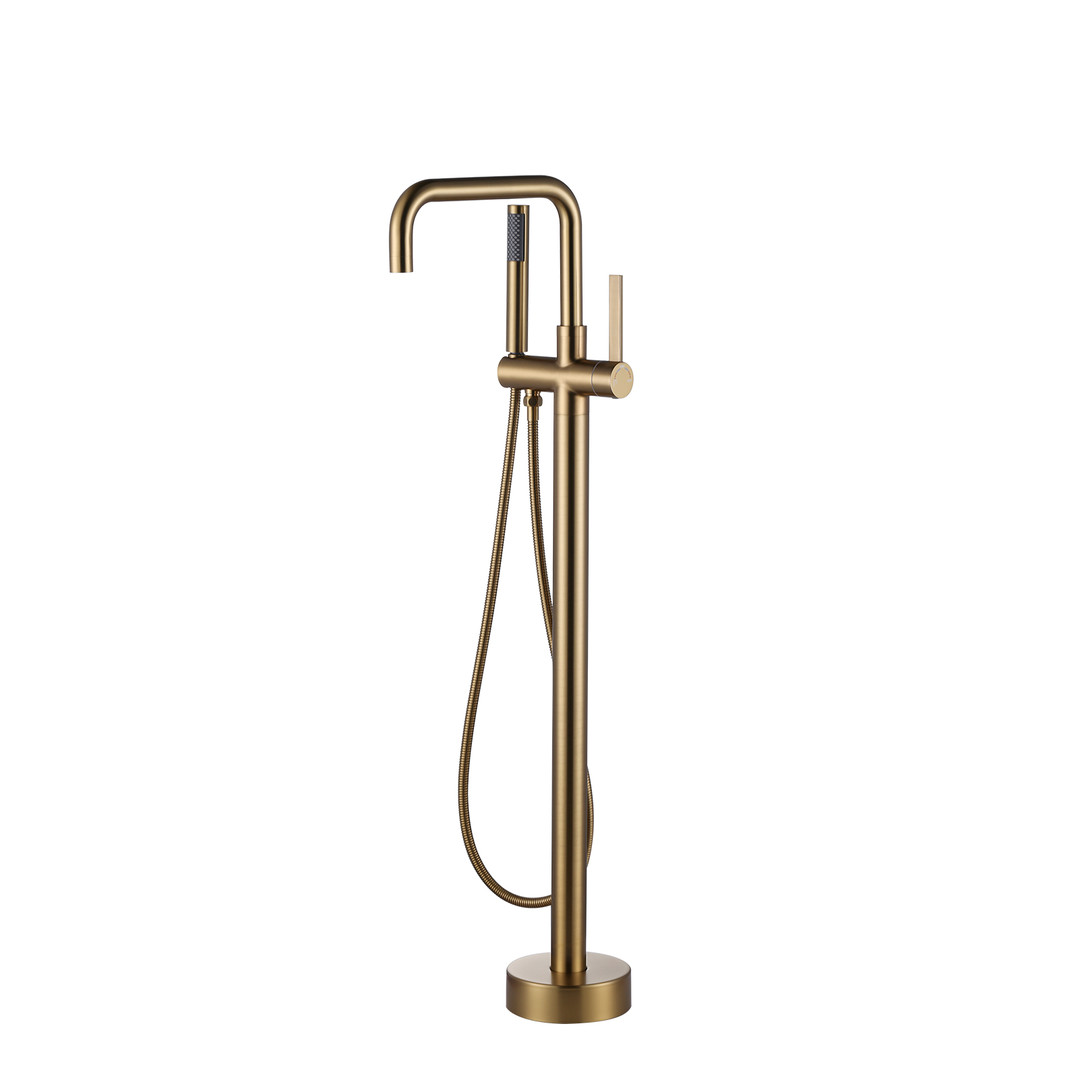 Single-Handle Freestanding Tub Faucet Floor Mount Bathtub Filler with Hand Shower in. Brushed Gold
