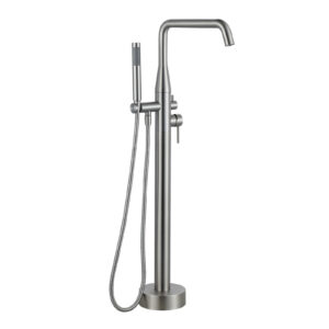 Double Handle Floor Mounted Freestanding Tub Faucet with Handheld Shower in Brushed Nickel