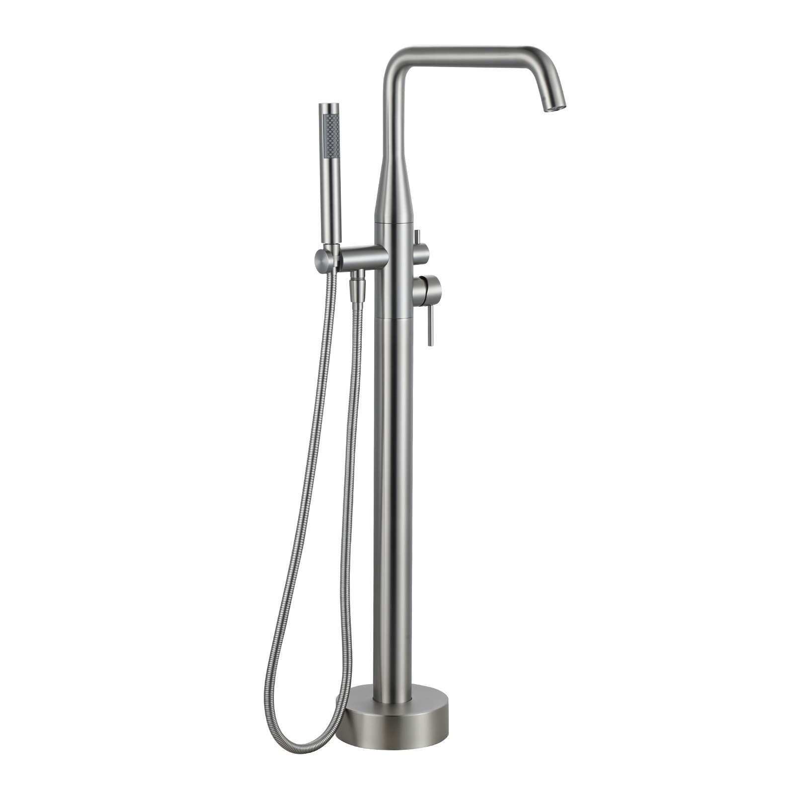 Double Handle Floor Mounted Freestanding Tub Faucet with Handheld Shower in Brushed Nickel