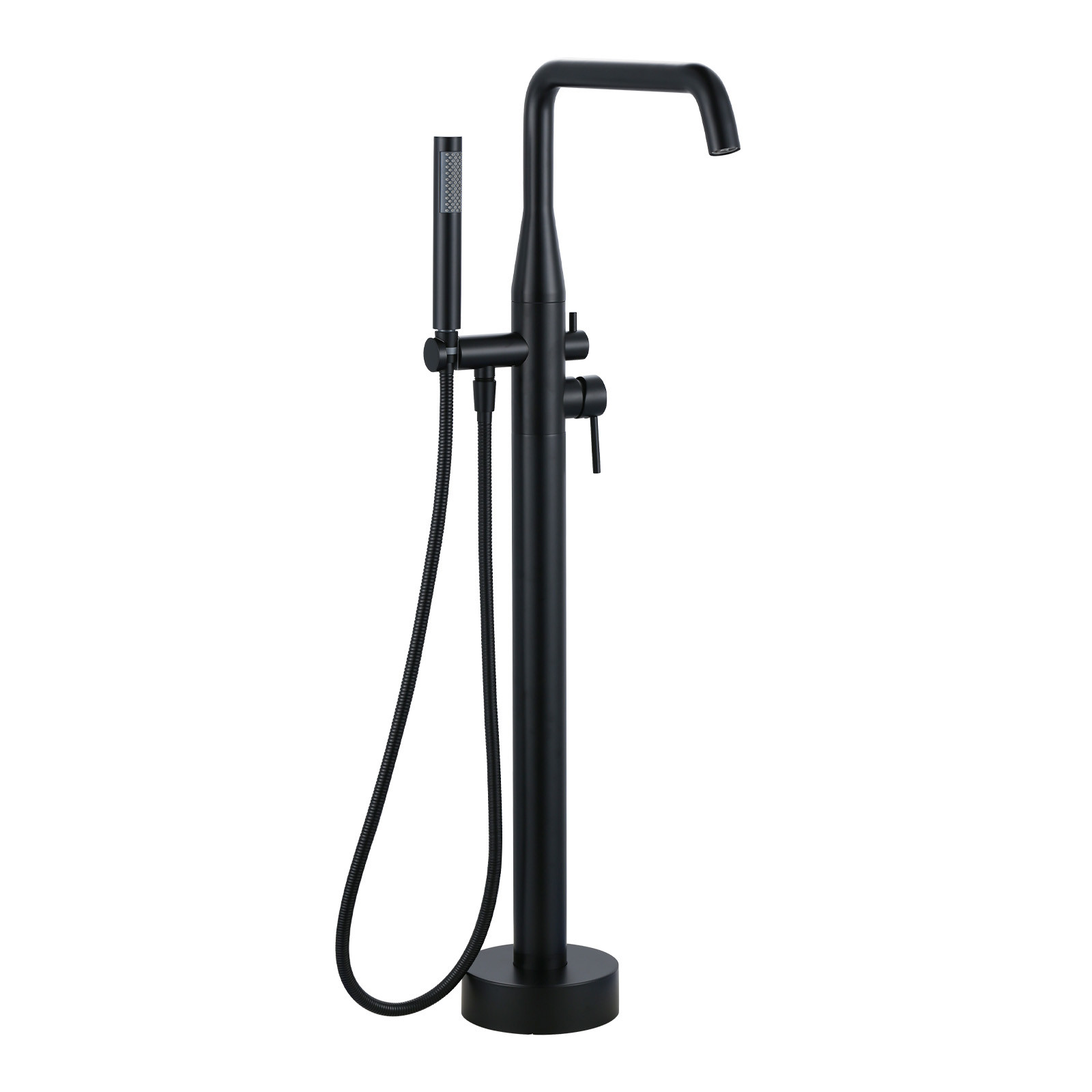Double Handle Floor Mounted Freestanding Tub Faucet with Handheld Shower in Matte Black
