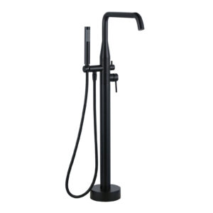Double Handle Floor Mounted Freestanding Tub Faucet with Handheld Shower in Matte Black